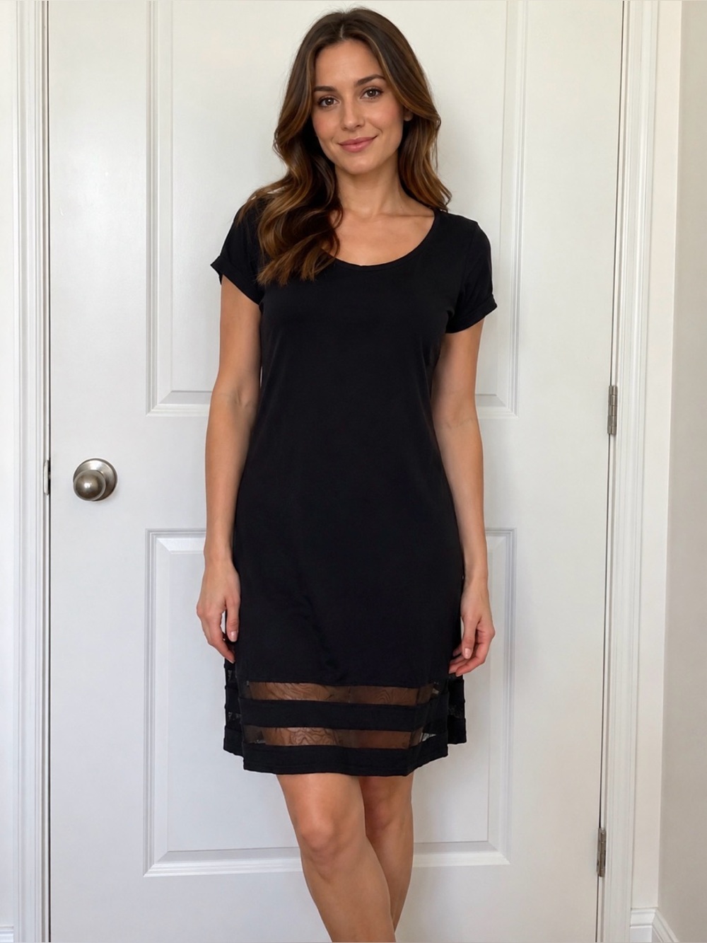 Allen B. By Allen Schwartz Black Short-Sleeve Midi Dress with Sheer-Hem Bands